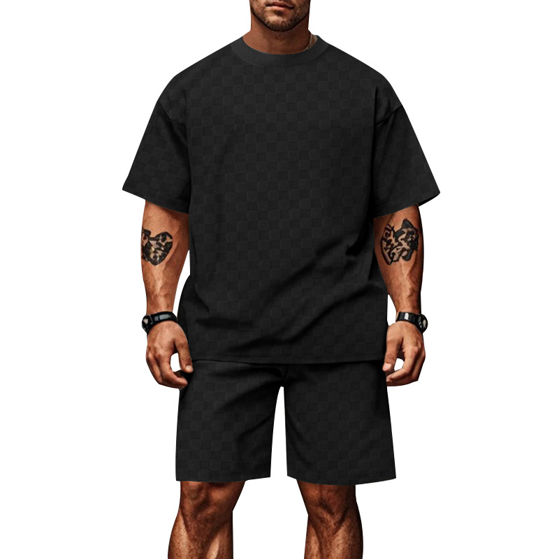 Mens tracksuit fashionable T-shirt casual shorts new jacquard check short-sleeved T-shirt loose large-sized straight casual shorts set European code: 