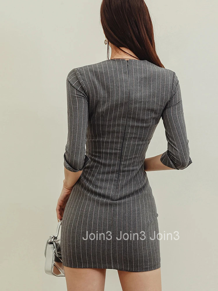 Fashion Lady Work Style Vintage Formal Pencil Dress Women Clothes Striped Elegant Office Sexy Square Collar Slim Short Vestidos