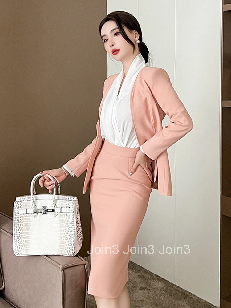 New Spring Autumn 2 Pieces Outfits Suits Women Temperament Formal Simple Tops Coat Blazer Suit High Waist Midi Skirt Pencil Set