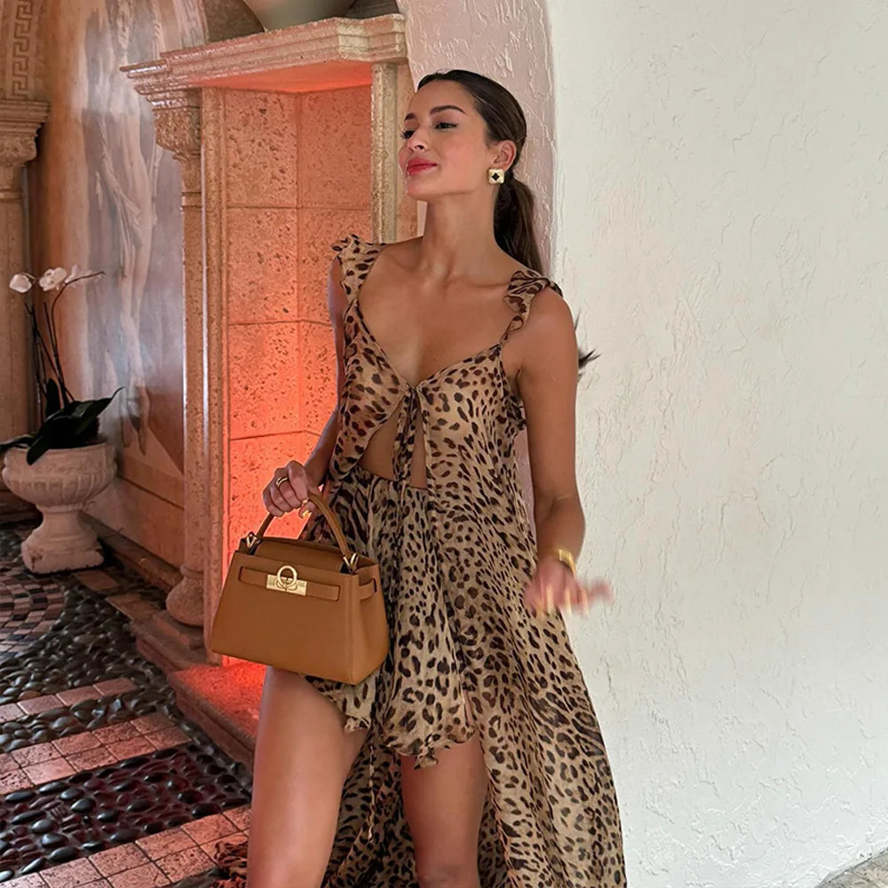 Womens Summer 2025 Beach Vacation Dress Set Chiffon Print Halter Long Loose Leopard Shorts Elegant Casual Outfit 250614