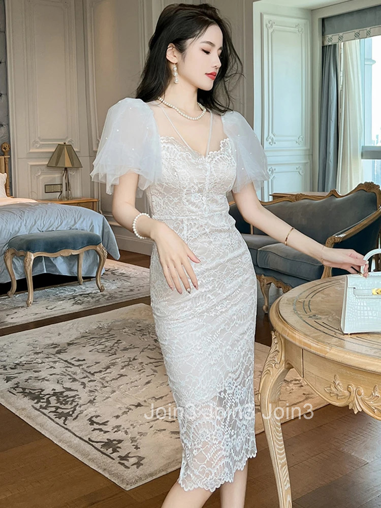 Fashion Summer Evening Long Dress For Women Chic Mesh Sheer Sexy V-Neck Skinny Wrap Hip Midi Party Prom Mujer Vestidos Clothing