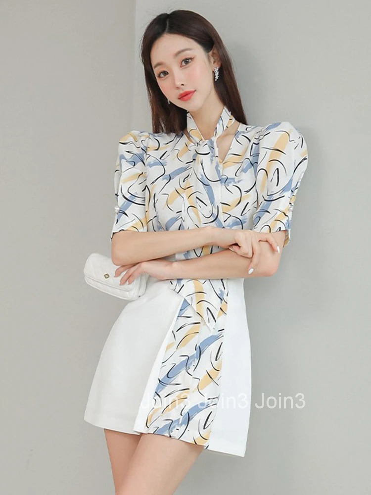 Summer 2 Pieces Outfits Women Elegant Print Short Sleeve Tops Shirt Blouse High Waist Mini Skirt Mujer Slim Set Street Clothes