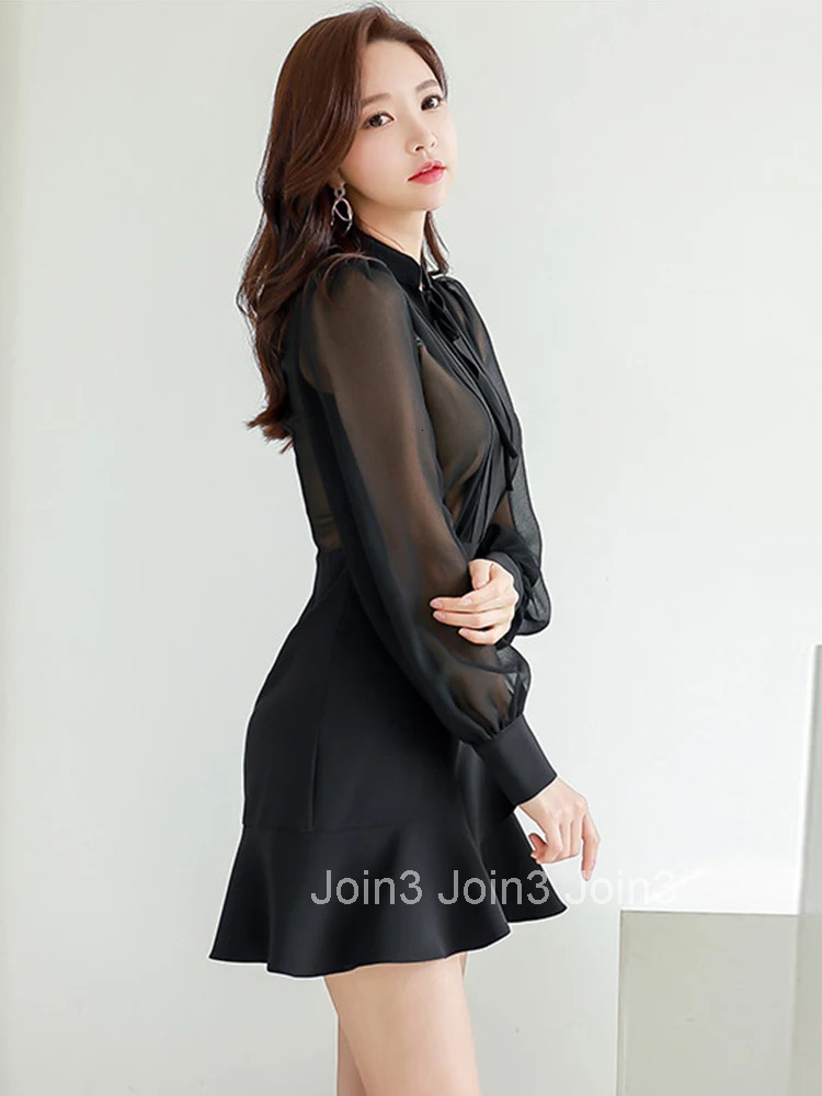 New Arrival Chiffon Perspective Mini Mermaid Dress Temperamental Black High Quality Work Style Cute Sexy Trumpet Dress