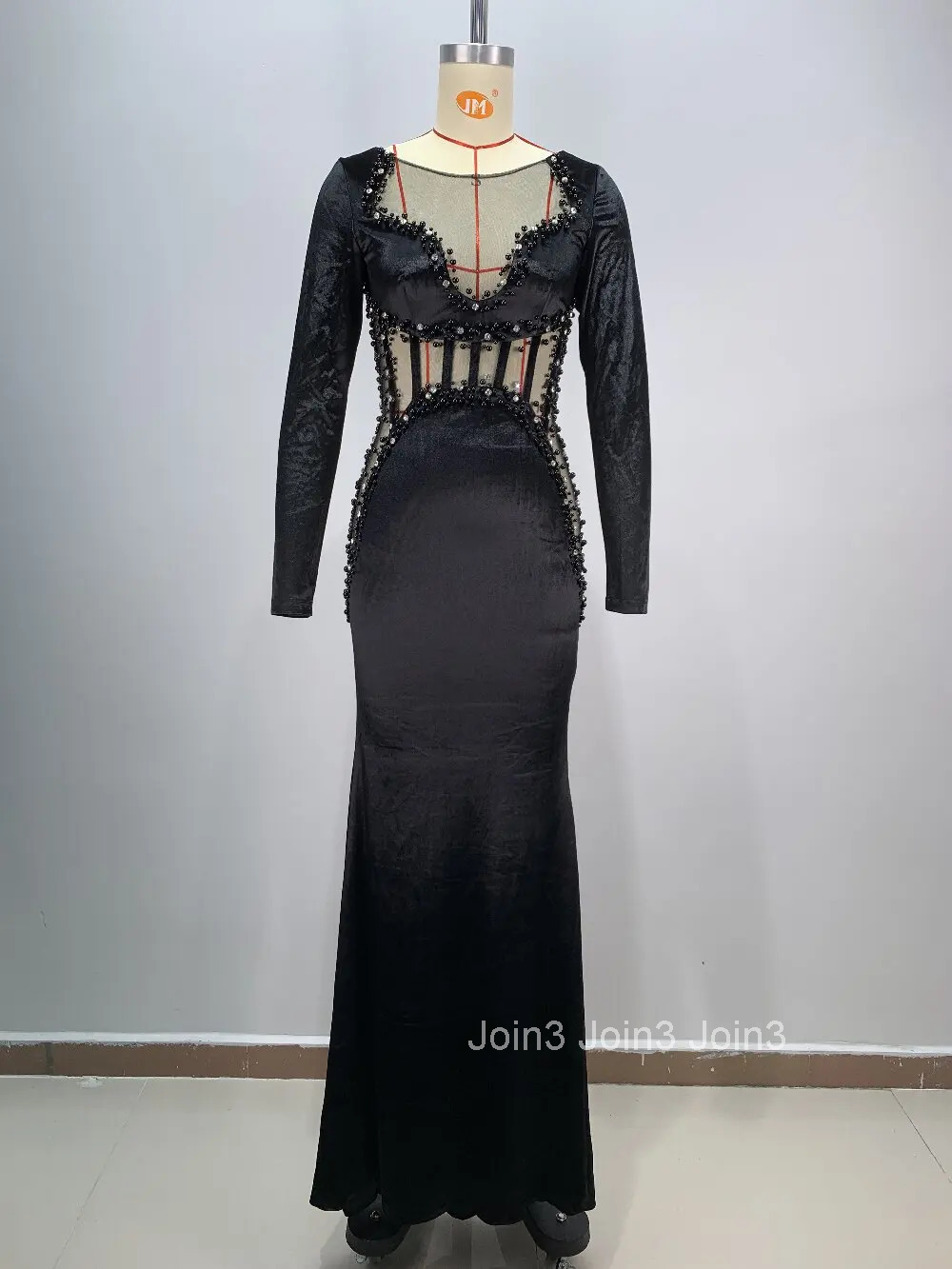 Autumn New Black Long Sleeve Beading Diamonds Embelling Trumpet Dress For Women Sexy Gauze Slim Club Party Clothing 72h Shipment