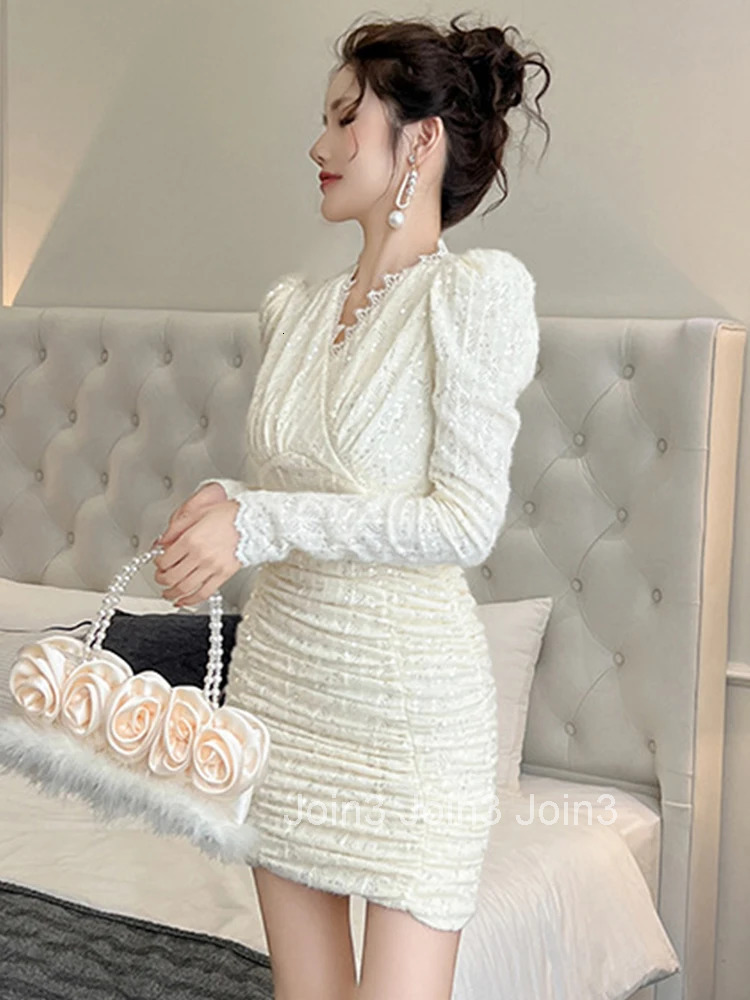 Fashion Spring Autumn Ladies Sequin Evening Short Dresses Women Elegant V-Neck Skinny Mini Dress Mujer Vestidos Stretchy Clothes