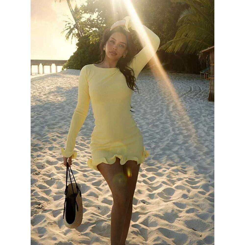 2025 Elegant Yellow Slim Fit Mini Dress Women High Waist Full Sleeve Ruffle Hem Pleated Vestido Female Holiday Summer Party Wear