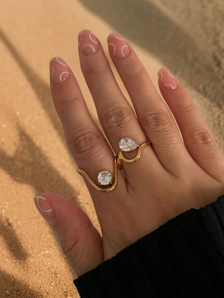 Perisbox 2 Unique ns Water Drop Circular Zircon Rings Stainless Steel Gold Plated Finger Jewelry Trendy Women Accessories 250617