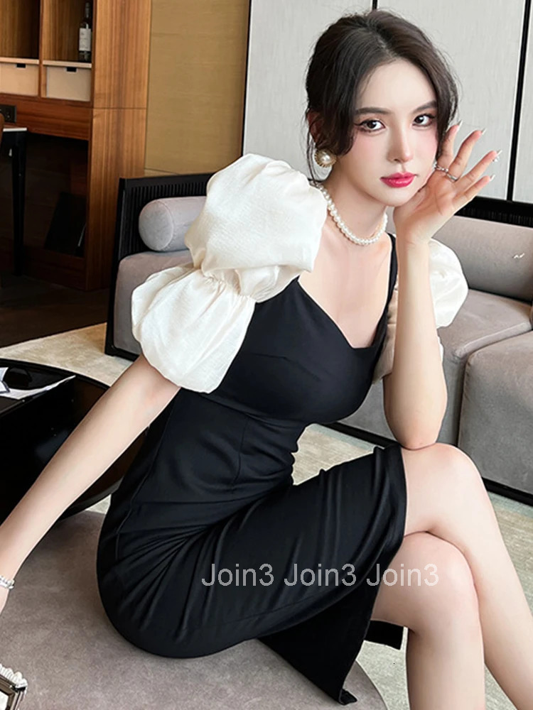 Fashion Korean Elegant Women Evening Dress Black Temperament Vintage Square Collar Slim Slit Midi Party Club Femme Mujer Vestido