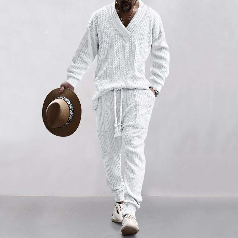 Hot-Selling Cross-Border New European and American Casual Long Pants V-Neck Versatile Jacquard Knit Sweater Men's Autumn Set