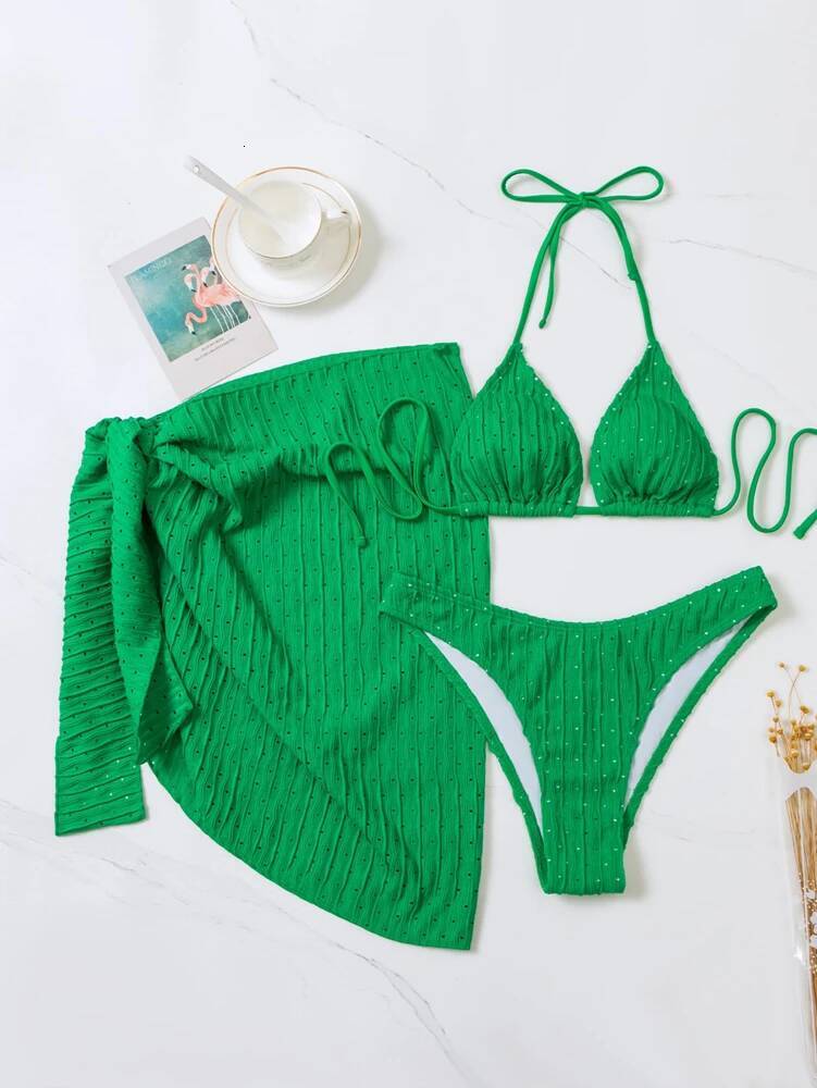 2025 New Women 3 Piece Set Sexy Mesh Elastic Fabric Green/White/Black/Yellow Bikini Lace Up Swimwear Halter Bathing Suit