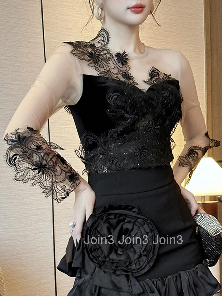 Women Clothes Mesh Lace Splicing O-Neck Short T-Shirt Elegant Black Sheer Sexy Long Sleeve Blouse Femme Prom Tops Casual Fashion