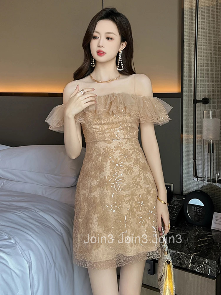 Fashion Lace Sparkly Sequin Gown Evening Dress Women Clothes Mesh Sheer Sexy Off-Shoulder Short A-Line Party Prom Vestido Fiesta