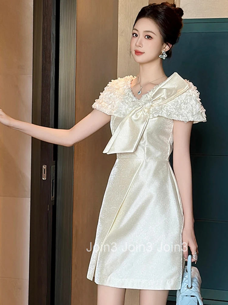New Summer French Fashion Sweet Bow Gown Evening Dress Women Clothes Elegant V-Neck Slim A-Line Mini Short Party Prom Vestidos