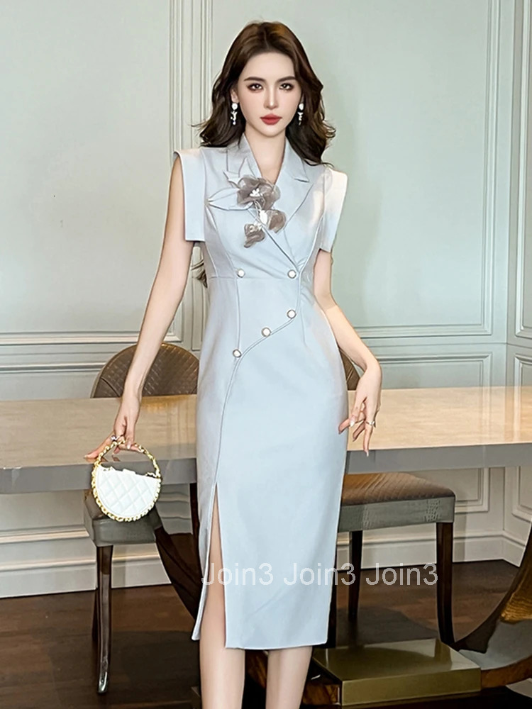 Summer Fashion Work Style Formal Occasion Dress Women Clothes Retro Elegant Office Commute Sleeveless Slit Slim Pencil Vestidos