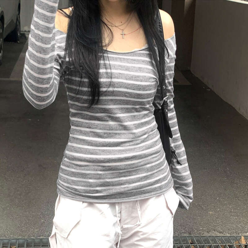Casual Off-Shoulder Long Sleeve Striped T-Shirt For Women Spring Autumn Y2k Street Style Slim Fit Personality Base Shirt B5