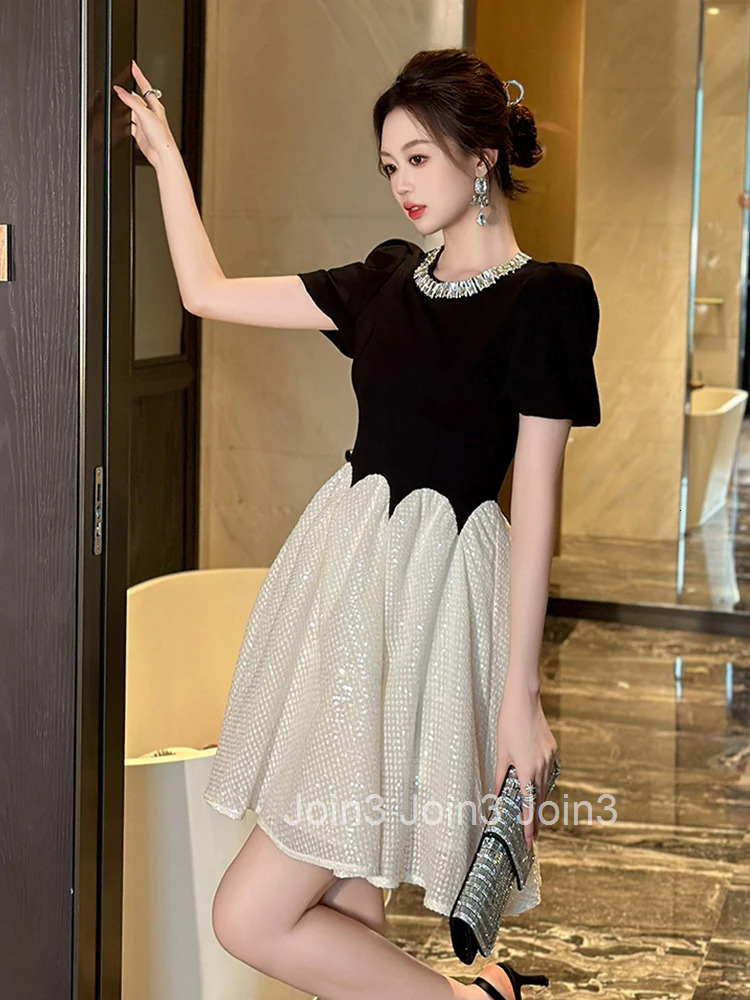 New Summer Elegant Luxury Diamonds O-Neck Gown Evening Dress Women Clothes Retro Puff Sleeve Slim A-Line Party Club Prom Vestido