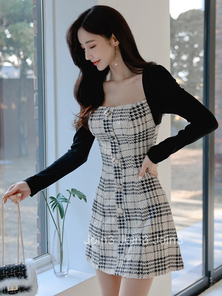 New Fashion Spring Autumn Fake 2-Piece Short A-Line Dress Ladies Women Elegant Square Collar Slim Mini Party Prom Mujer Vestidos