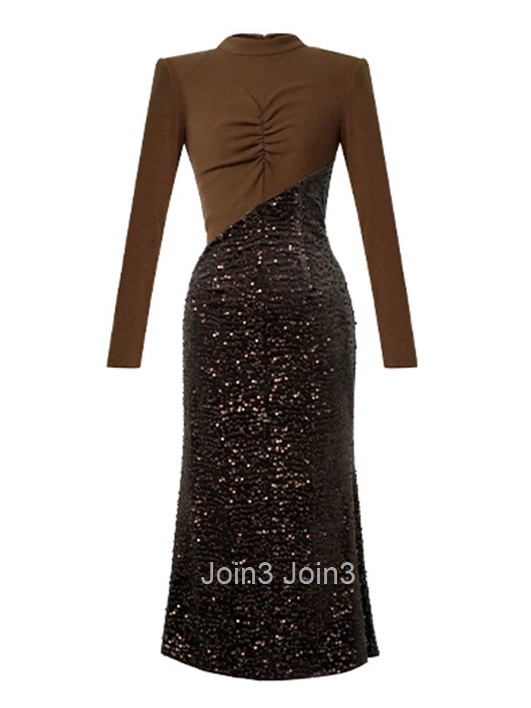 Women Clothes Sparkly Sequin Stand Neck Skinny Midi Fishtail Dress Elegant Luxury Ladies Fashion Party Prom Vestidos Spring New