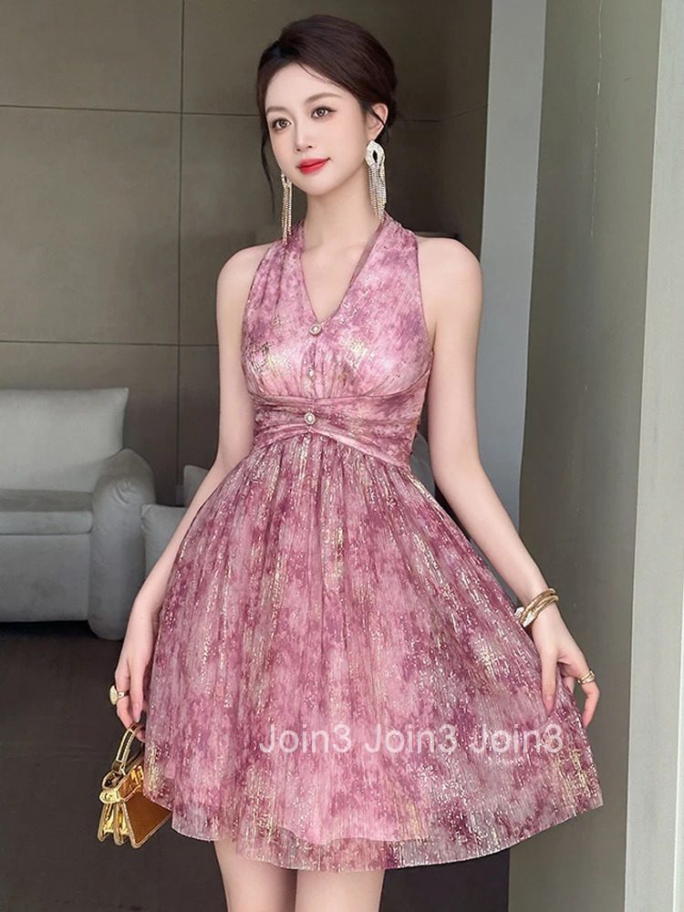 Summer Fashion Mesh Print Sparkly Vacation Evening Short Dress Women Clothes Sexy Halter V-Neck Skinny Party Club Prom Vestidos