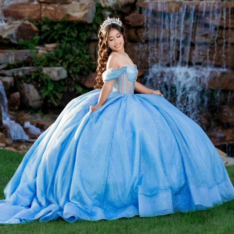 Sky Blue Shiny Ball Gown Quinceanera Dresses Glitter Beaded Crystal Tull Sweet 16 Dress Vestidos De 15 Anos
