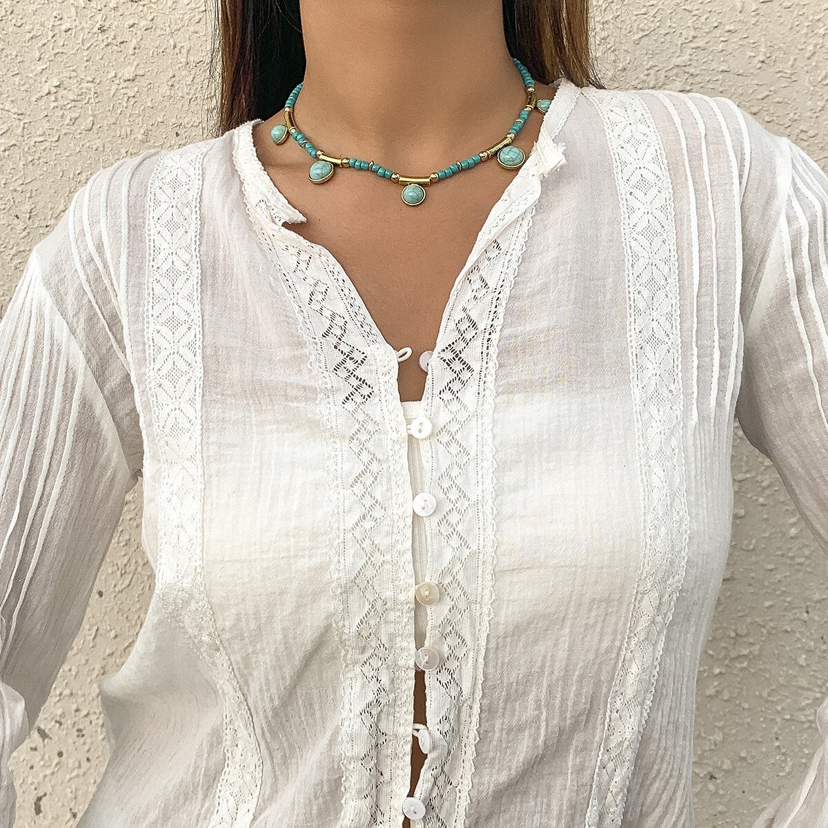 Jewelry Turquoise Pattern Tassel Pendant for Women Color-Block Rice Bead Collarbone Pastoral Necklace