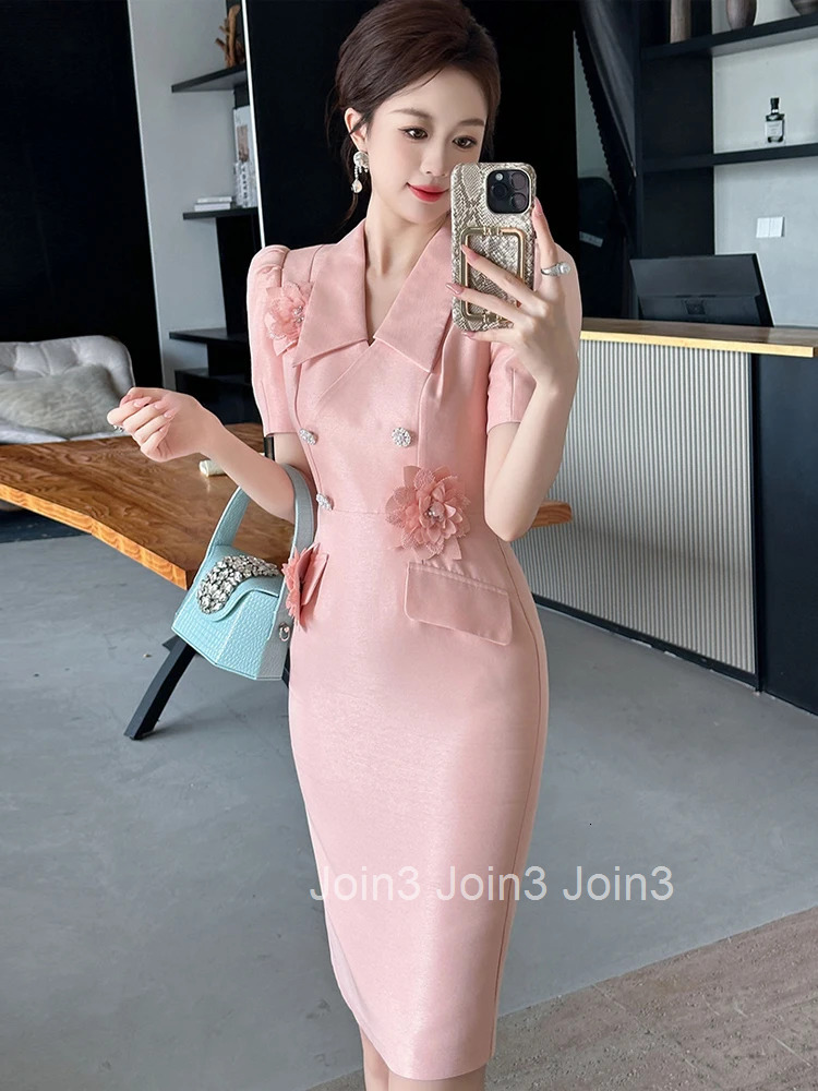New Elegant Summer Fashion Pink Business Formal Occasion Dress Women Bubble Sleeve Slim Pencil Party Prom Vestido Street Clothes