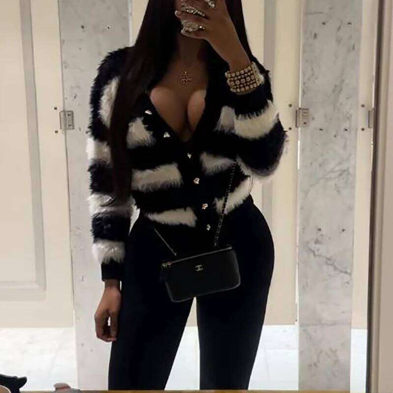 Winter Fashion Black White Striped Single-breasted Knitted Cardigan Sweater Long-sleeve Party High Street Coats for Women 2025