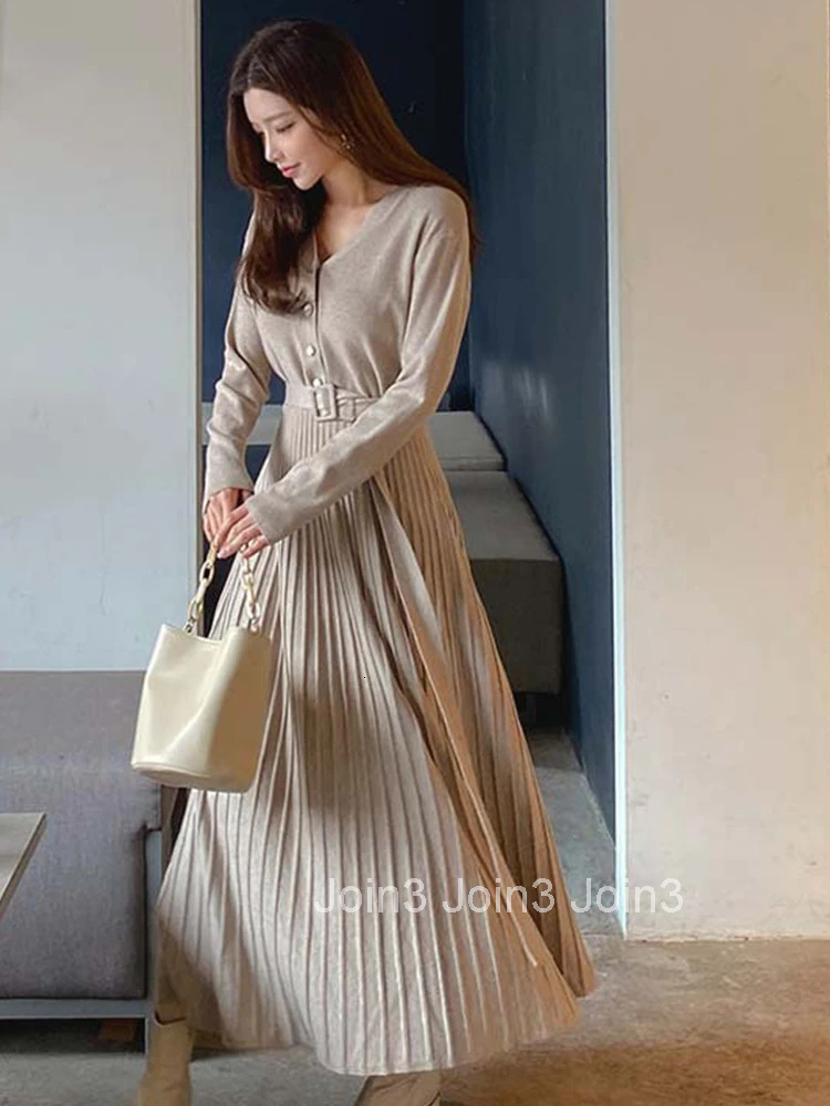 Fashion Autumn Winter Formal Knitted Long Dress Women Ladies Clothes Pretty Sweater Casual V-Neck Slim Midi Robe Mujer Vestidos