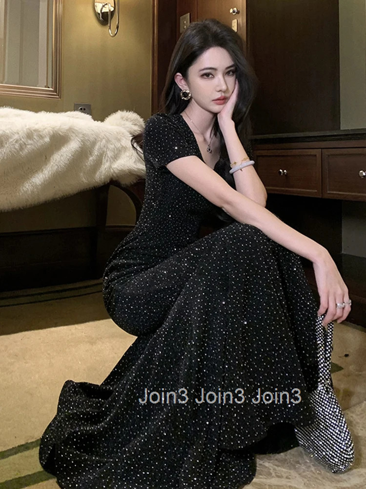 Women Clothes Black Sparkly O-Neck Short Sleeve Skinny Maxi Long Dress Elegant Luxury Fashion Party Prom Vestidos Robe Fashion