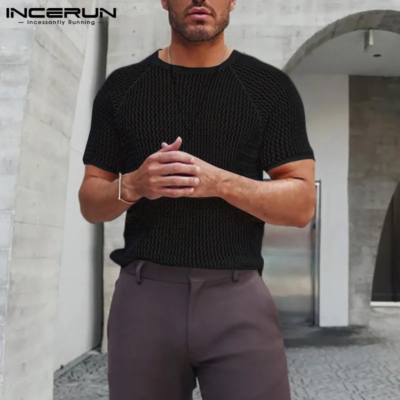 INCERUN Men T Shirt Solid Color Hollow Out See Through Sexy Short Sleeve O Neck Tee Tops Streetwear Casual Party Camisetas 250616