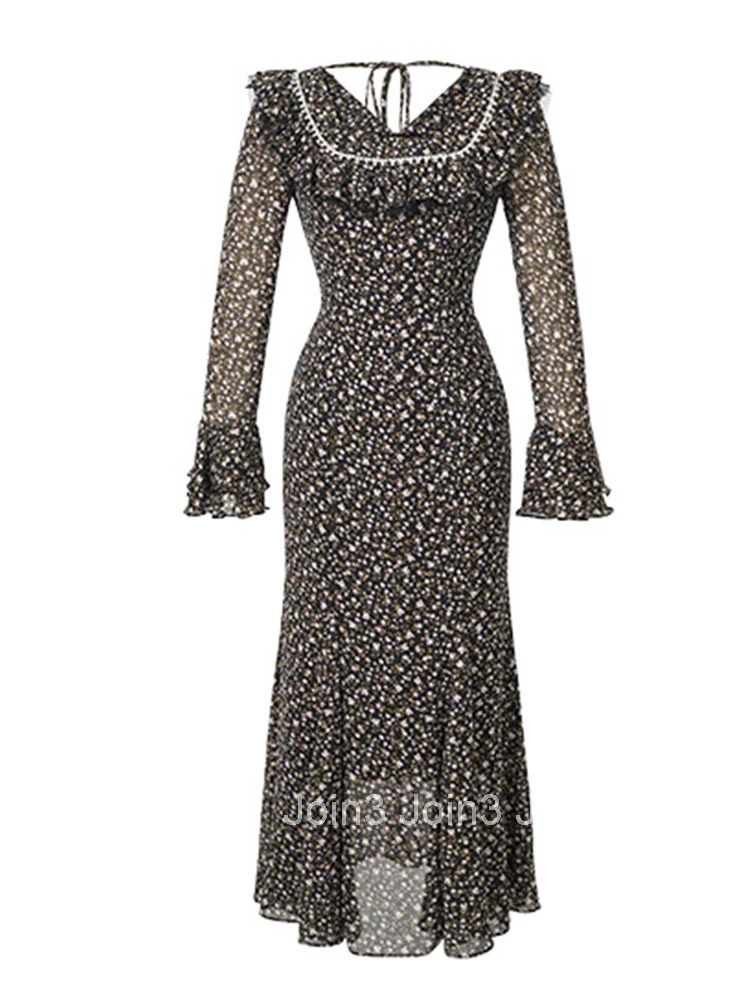 New Autumn Fashion Chiffon Floral Elegant Ruffle Long Dress Women Clothes Casual Sweet Flare Sleeve Slim Robe Party Prom Vestido