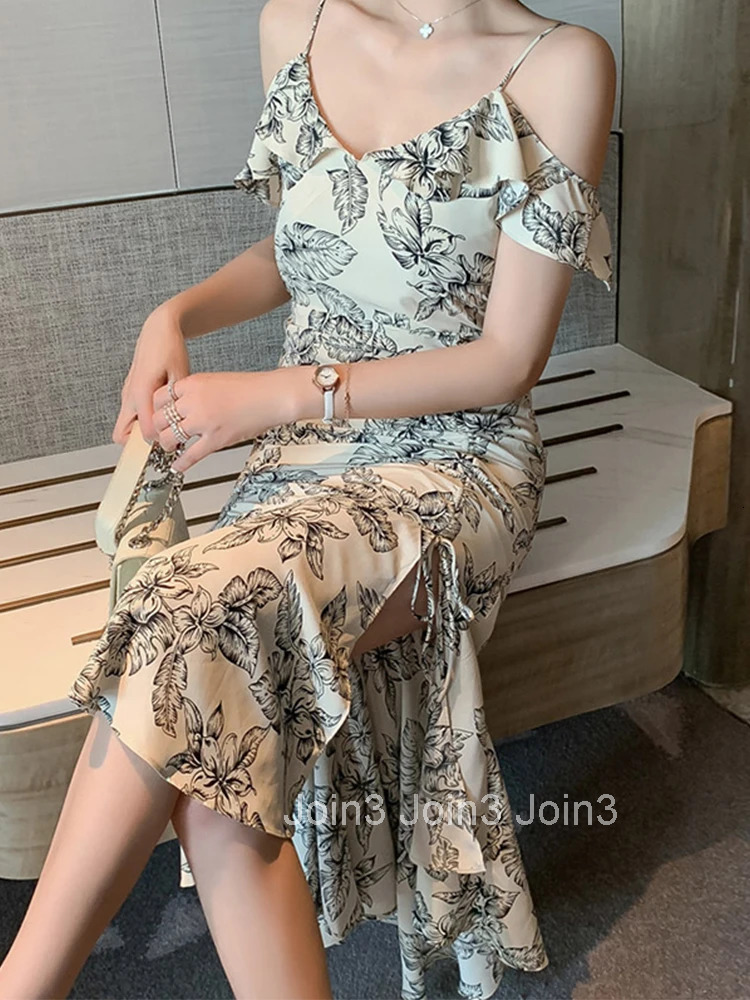 New Summer Women Elegant Evening Dress Chic Floral Sexy Strap Ruffle Slim Midi Dresses Party Club Beach Prom Robe Femme Vestidos