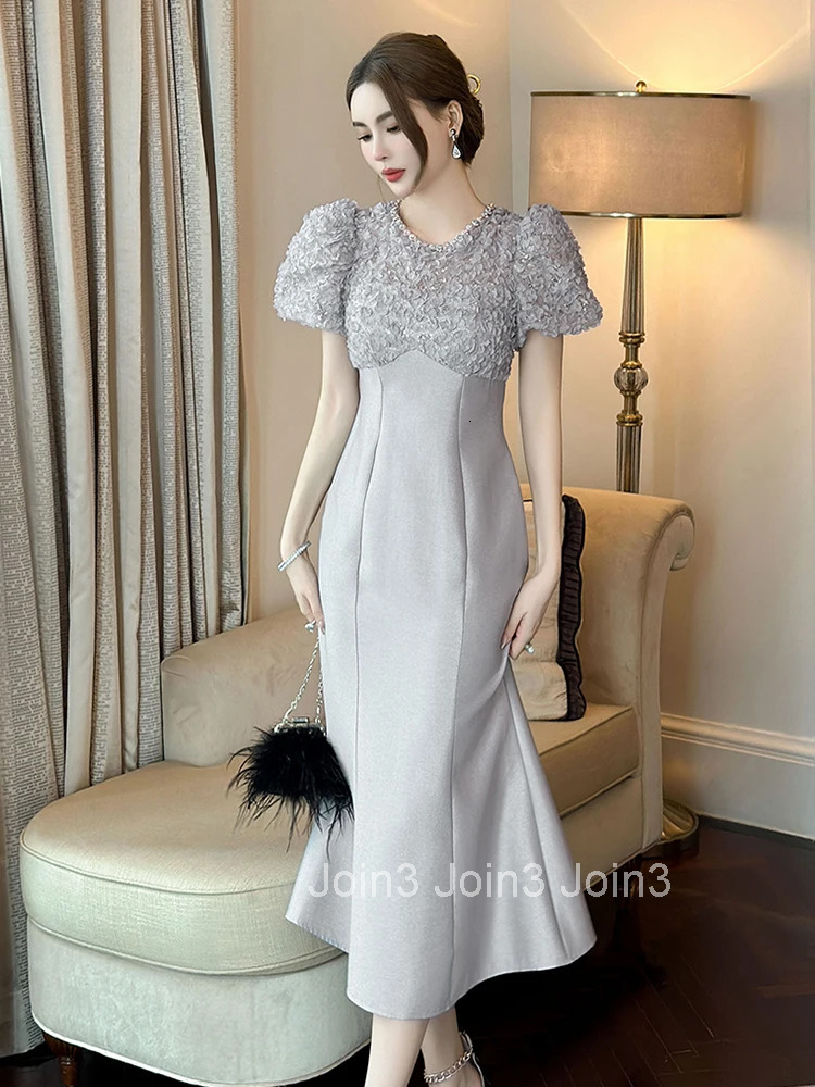 Summer Formal Occasion Fashion Lace Splic Evening Dress Women Clothes Elegant Luxury O-Neck Slim Midi Party Prom Vestidos Robe