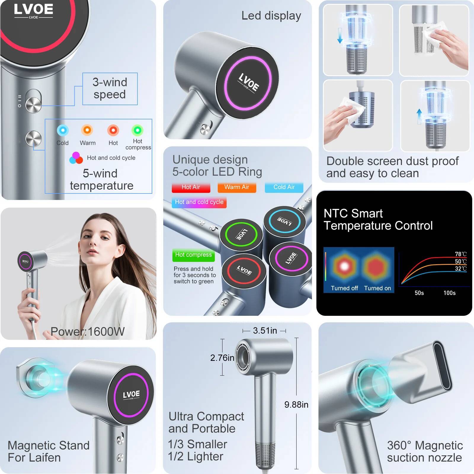 1600W Speed Smart Leafless Home Hairdryers Fast Drying High Power Low Noise Negative Ionic Hair Shop Blow Dryer
