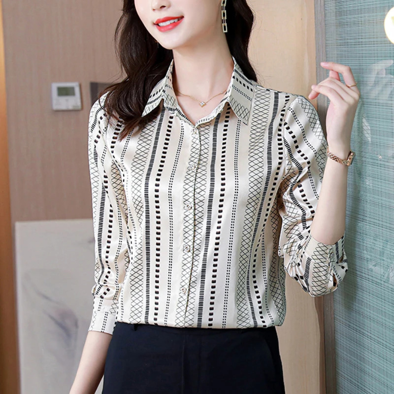 Satin Women Shirt 2025 Autumn Clothes Women Vintage Blouses Office Lady Long Sleeve Blouse Button Up Shirt OL Print Womens Tops 250617