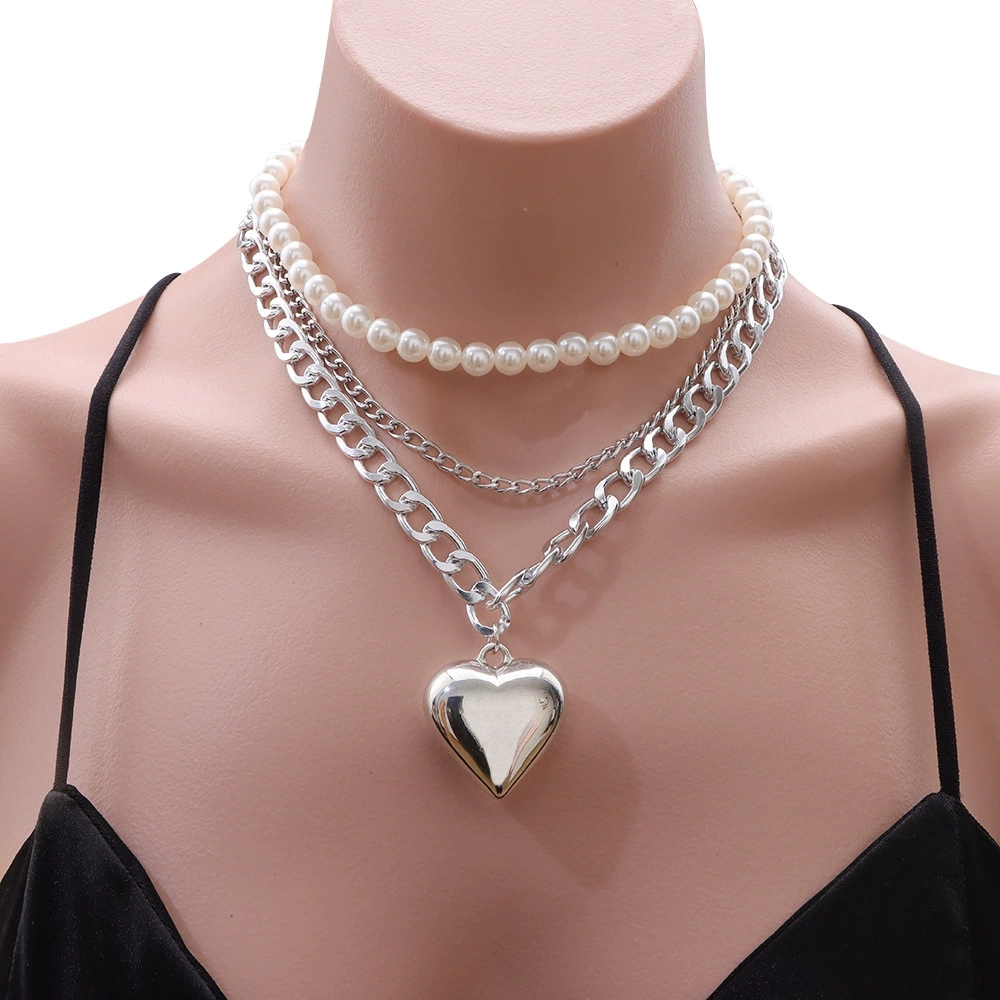 Chic Shimmering Heart Charm with Layered Pearl Beads - Intricate Metal Link Neckpiece