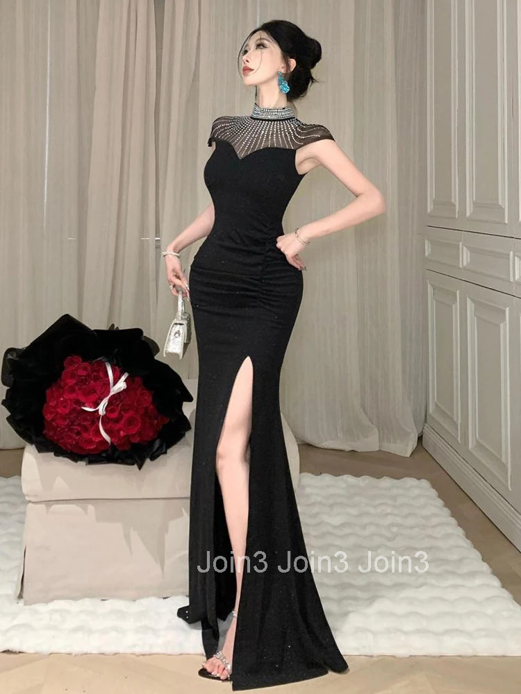 Women Clothes Black Shiny Sheer Sexy Short Sleeve Skinny Maxi Long Dress Elegant Luxury Fashion Party Club Prom Vestido Robe New