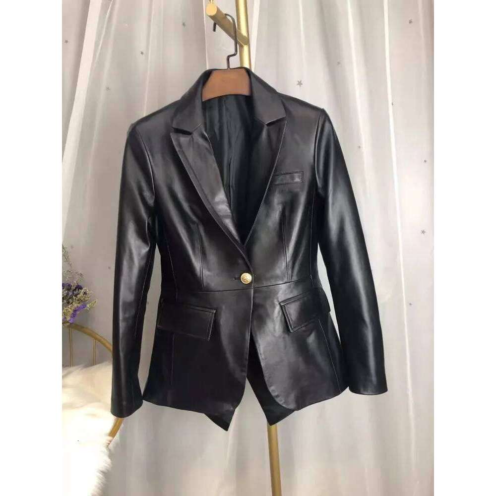 New Designer Office Ladies Back Hollow Out Button Slim Fit Blazer Work Suit Coat Women Natural Sheepskin Genuine Leather Jacket