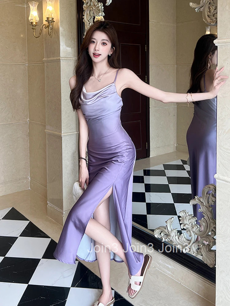 Women Vacation Clothes Purple Sexy Sling Slim Midi Fishtail Dress Elegant Fashion Party Prom Vestidos Fiesta Robe Casual Summer