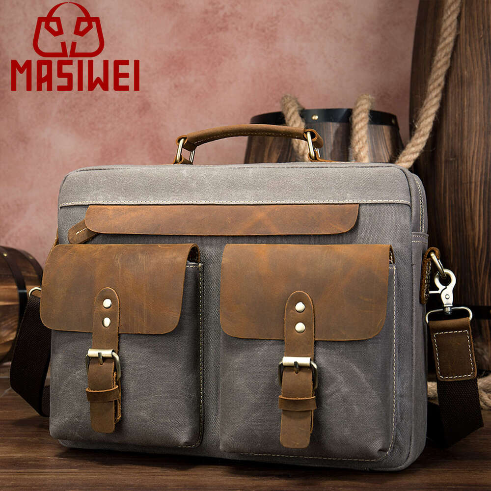 Crazy Horse Leather Handbag Cowhide with Fabric Briefcase Business 14inch Laptop Men's Official Bag Trendy