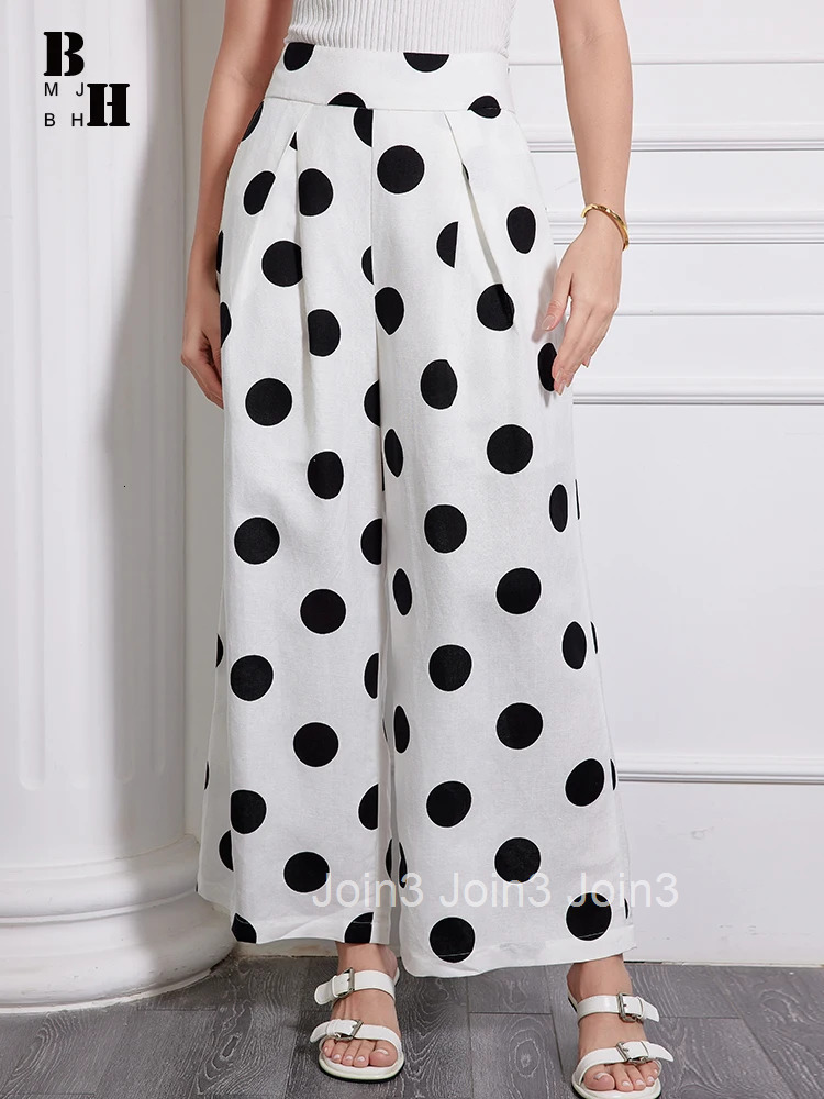 Plus Size Spring Autumn Elegant Formal Commute Cotton Linen Long Pant Women Retro Dot Print Trousers Mujer Wide Leg Loose Pants