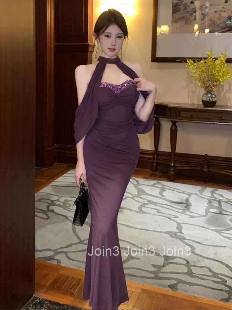 Women Clothes Vintage Sequin Purple Sexy Strapless Skinny Evening Long Dress Elegant Fashion Party Prom Vestidos Robe Beach New