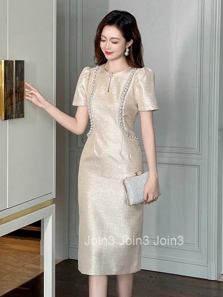 Summer Fashion Commute Formal Occasion Evening Dress Women Clothes Elegant Lady Retro Pearl Puff Sleeve Slim Midi Pencil Vestido