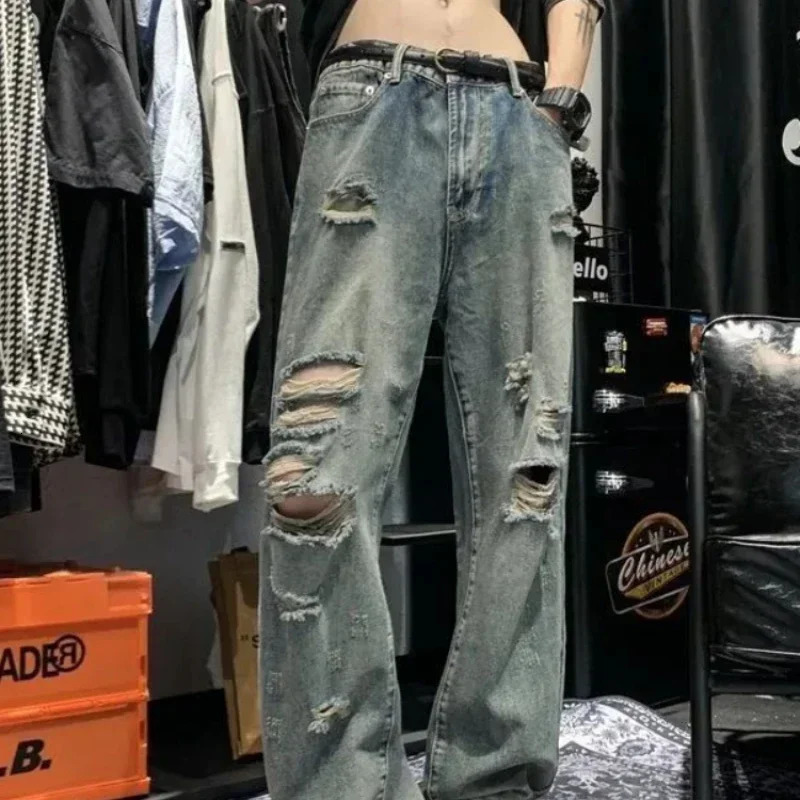 Trousers Torn with Holes Mens Jeans Broken Man Cowboy Pants Wide Leg Ripped Straight Hip Hop Y 2k Vintage Washed Y2k Stylish Xs 250617
