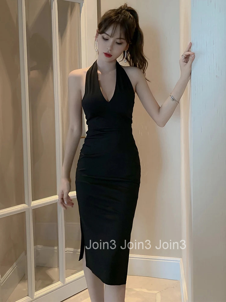 New Arrival Fashion Korean Style Bodycon Party Dress Women Elegant Summer Sexy Backless Temperament OL Black Split Pencil Dress