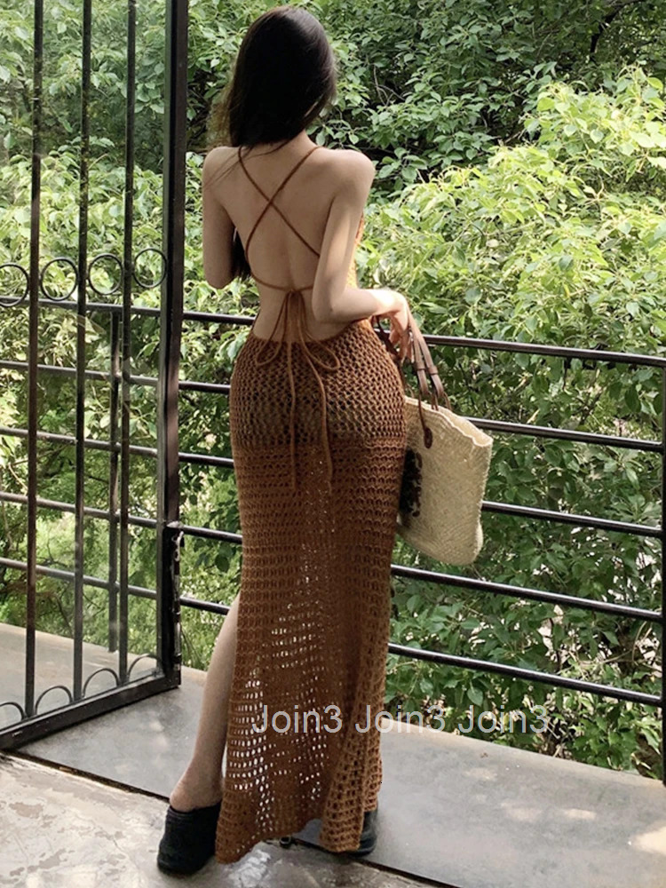 Summer Women Clothing Long Vacation Dress Pretty Knitted Chic Sheer Sexy Backless Skinny Maxi Robe Mujer Vestido Bikini Cover Up