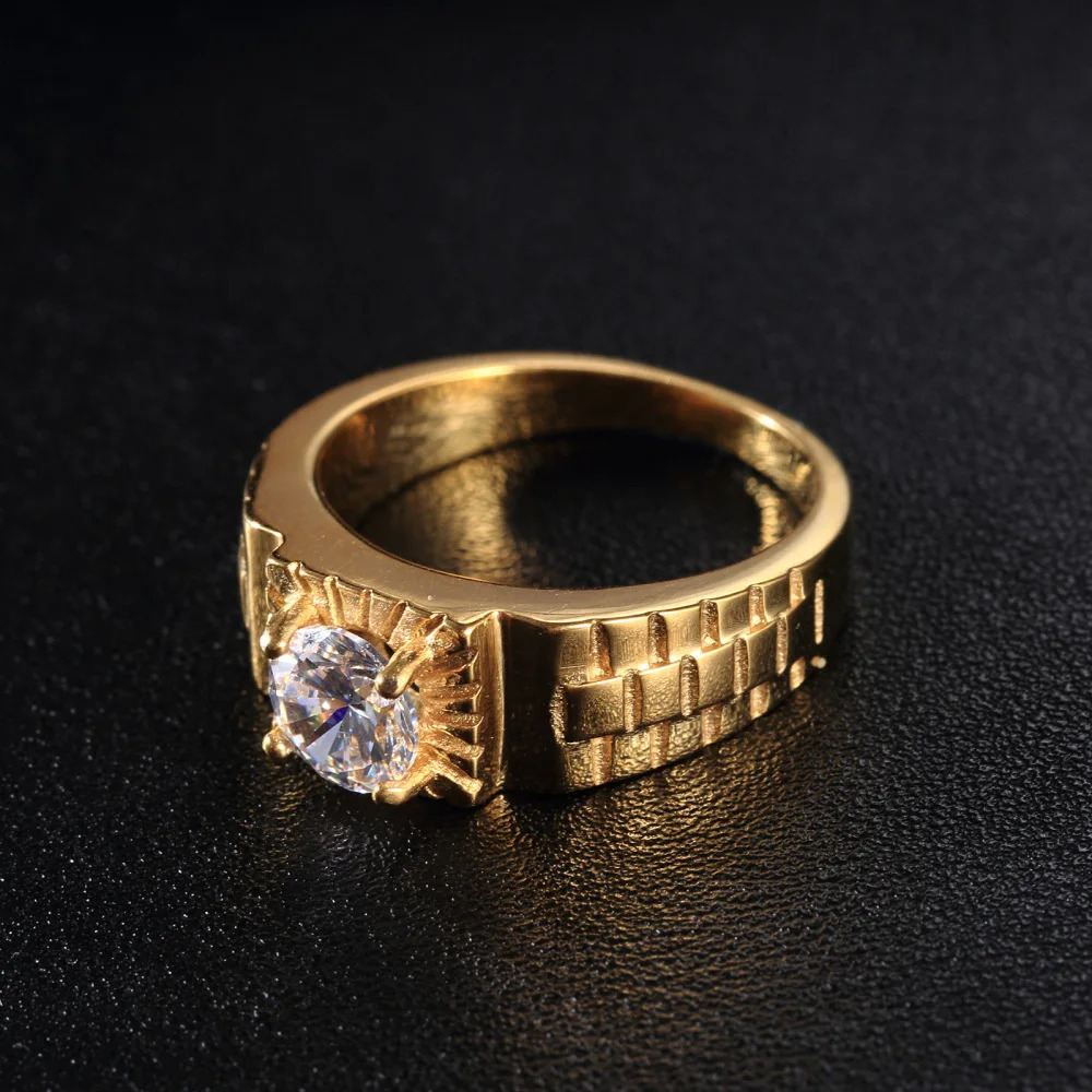 Fine Pure Yellow Gold Color Ring Solitaire 1ct Cubic Zircon Wedding Band No Faded Stainless Steel Rings For Women Accessories 250617