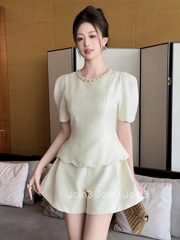 New Summer Casual 2 Pieces Outfit Women Clothes Elegant Retro Puff Sleeve Slim Tops Shirt Blouse And High Waist Shorts Mujer Set