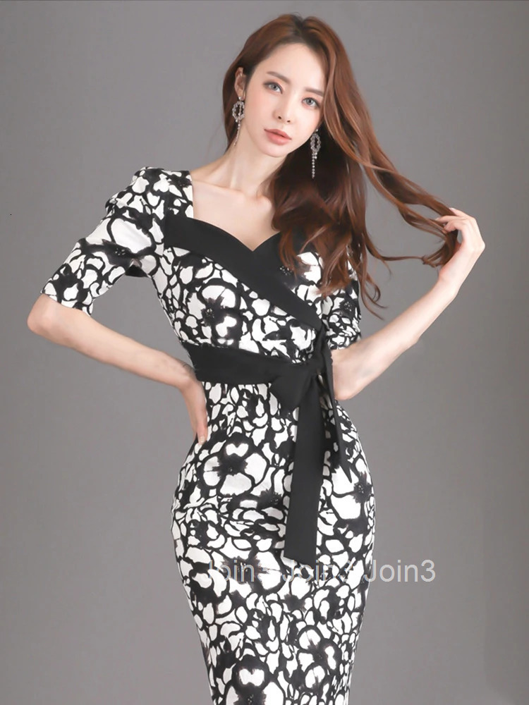 New Korean Fashion Summer Elegant Women Dress Chic Retro Formal Print V-Neck Slim Wrap Midi Pencil Street Clothes Mujer Vestidos