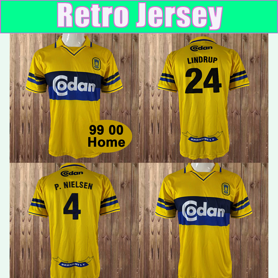 1999 2000 Brondby IF Mens Retro Soccer Jerseys LINDRUP P.NIELSEN 99 00 Home Yellow Blue Football Shirt Short Sleeve Vintage Adult Uniforms